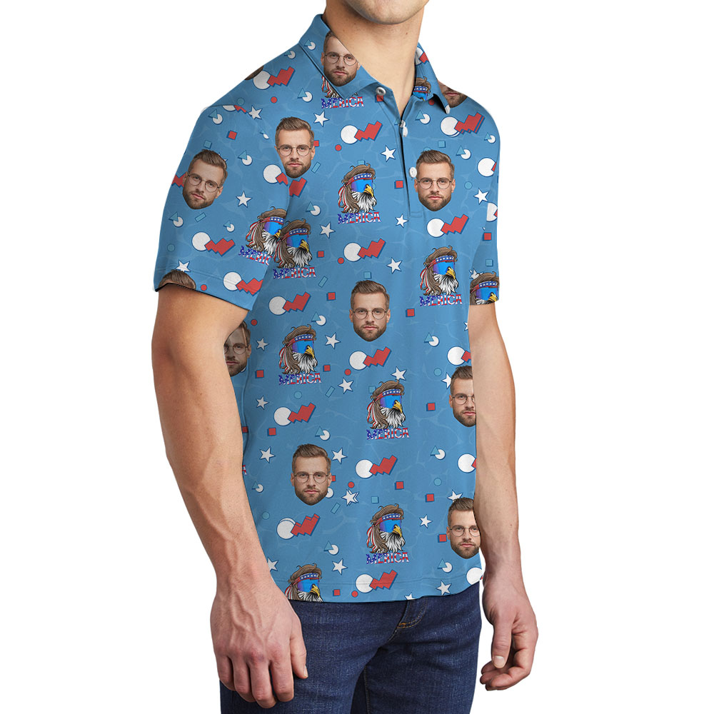 Blue 4th Of July Collared Shirt With 1-5 Faces