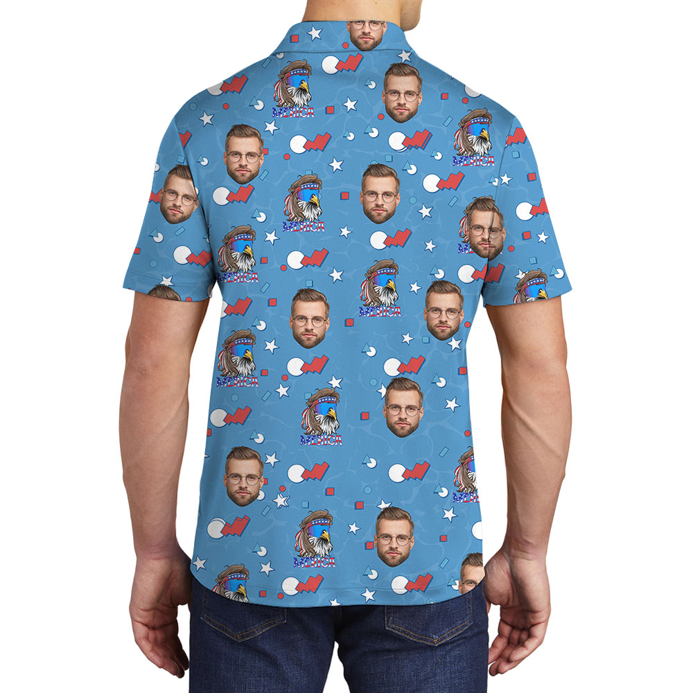 Blue 4th Of July Collared Shirt With 1-5 Faces