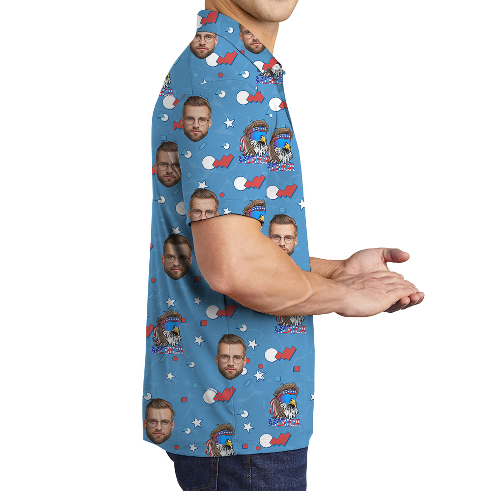 Blue 4th Of July Collared Shirt With 1-5 Faces