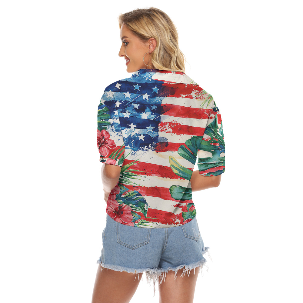 America Flag Hawaii Floral Leaves Cropped Shirt for Women