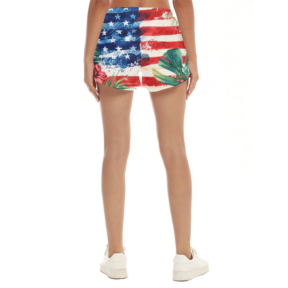 America Flag Hawaii Floral Leaves Beach Short for Women