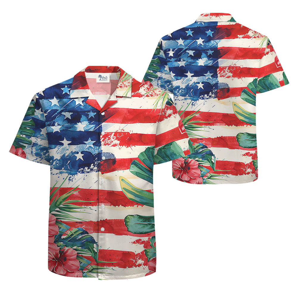 Tropical Patriotic Hawaiian Men Button Up Shirt