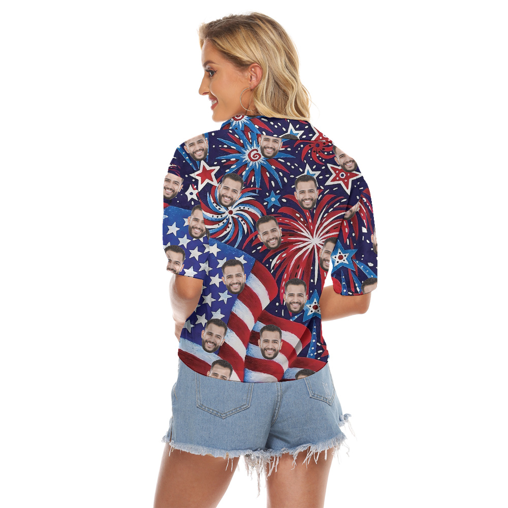 Custom 4th Of July Firework Women's Cropped Shirt With 1-4 Faces
