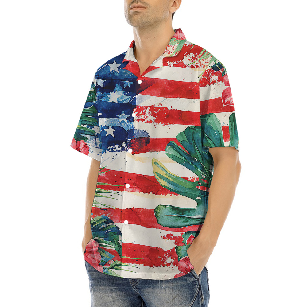 Tropical Patriotic Hawaiian Men Button Up Shirt