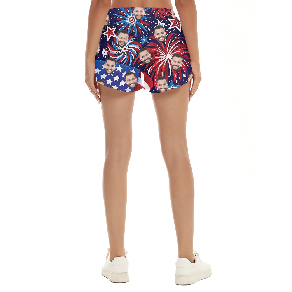 Funny Custom Face American Flag Patriotic Hawaiian Beach Shorts For Women