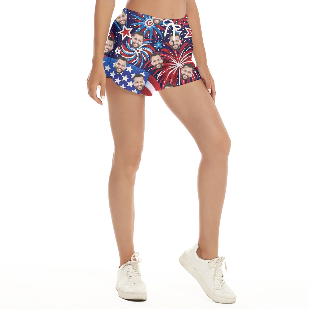 Funny Custom Face American Flag Patriotic Hawaiian Beach Shorts For Women