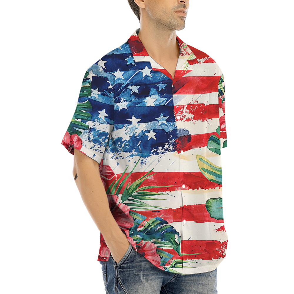 Tropical Patriotic Hawaiian Men Button Up Shirt