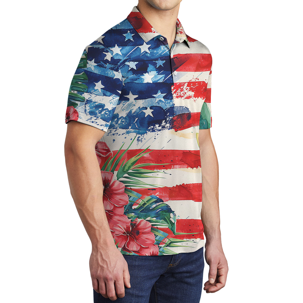 Tropical Patriotic Hawaiian Men Polo Golf Shirt