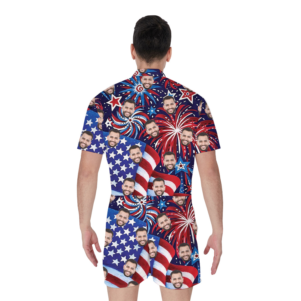 American Flag Firework Men's Hawaiian Romper With Custom Face