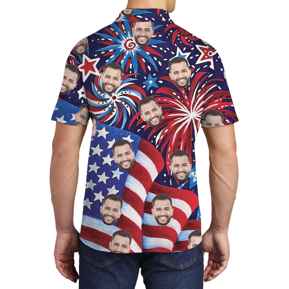 Custom Face American Flag Firework Hawaiian Polo Shirt For Men