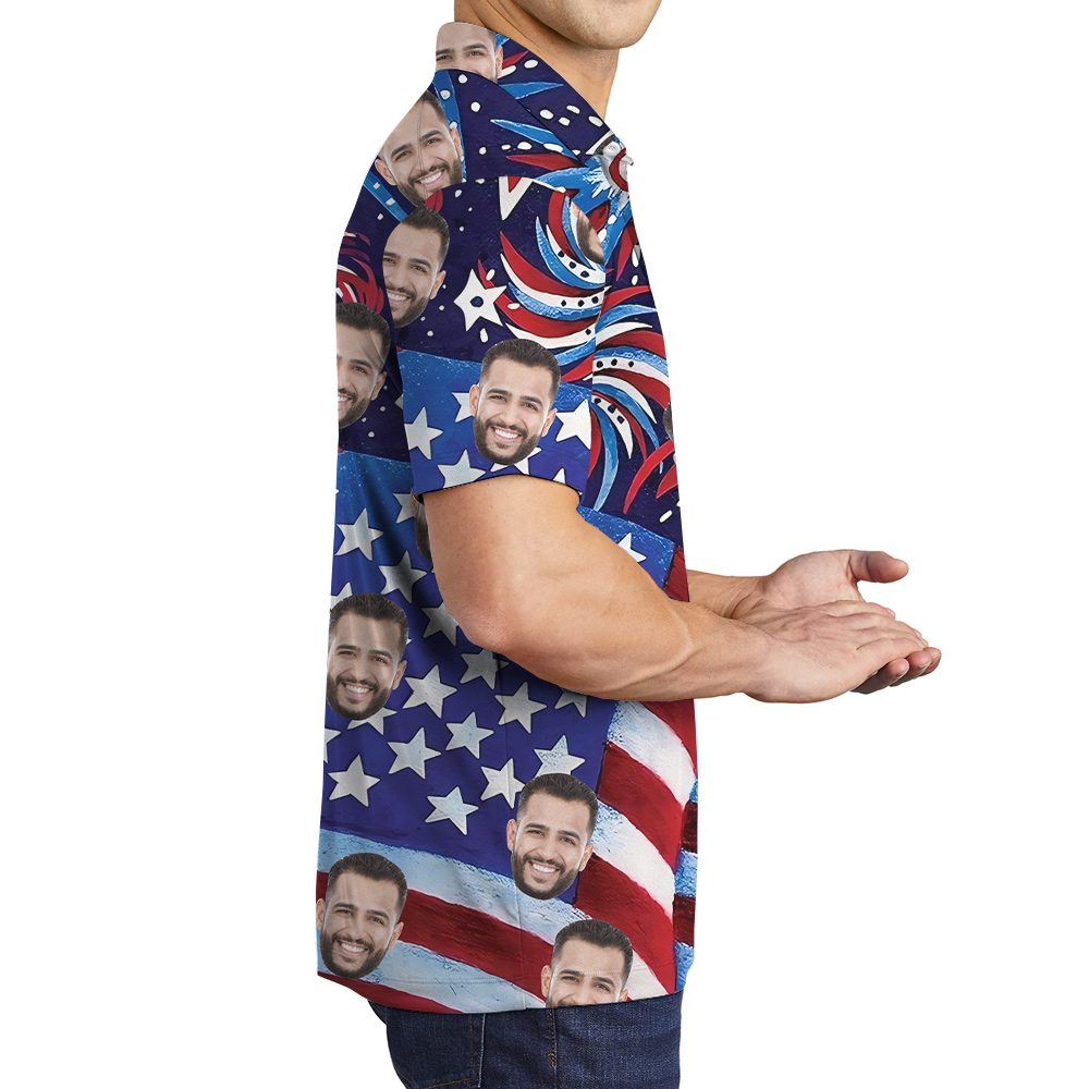 Custom Face American Flag Firework Hawaiian Polo Shirt For Men