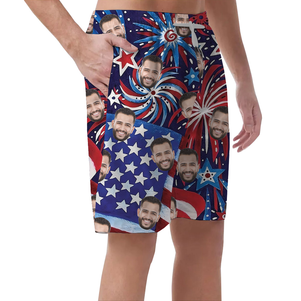 Funny Custom Face American Flag Firework Men's Hawaiian Beach Shorts