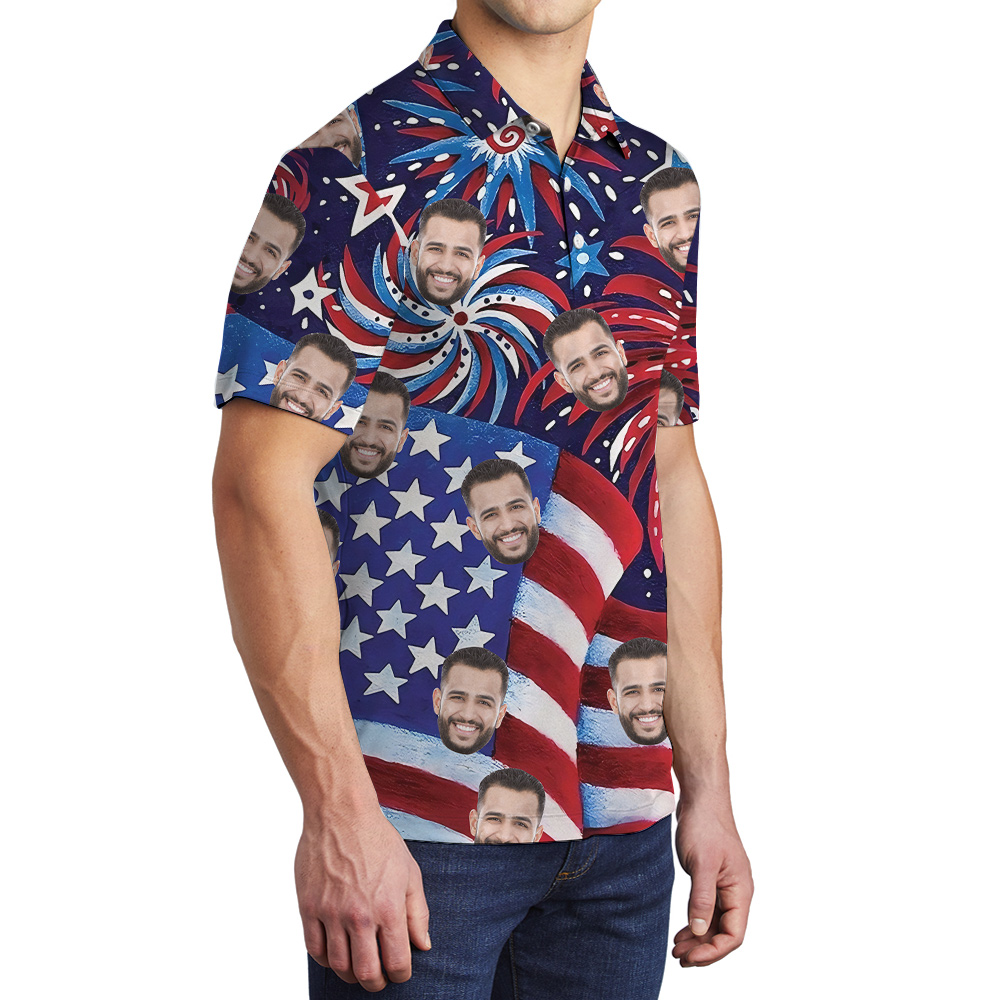 Custom Face American Flag Firework Hawaiian Polo Shirt For Men
