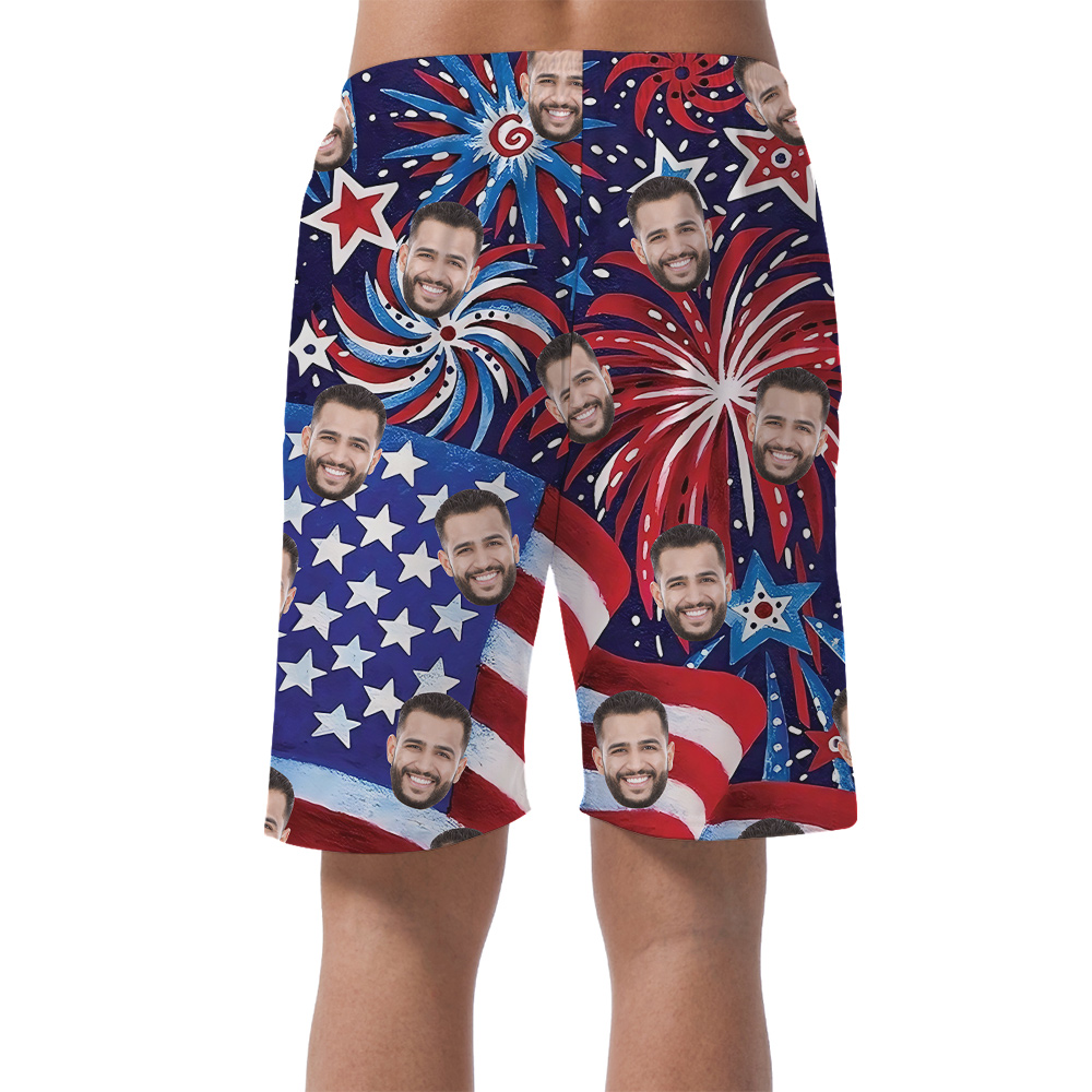 Funny Custom Face American Flag Firework Men's Hawaiian Beach Shorts