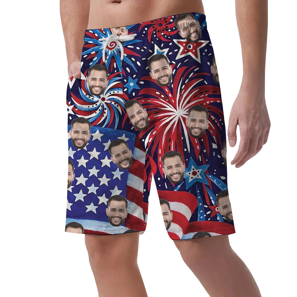 Funny Custom Face American Flag Firework Men's Hawaiian Beach Shorts