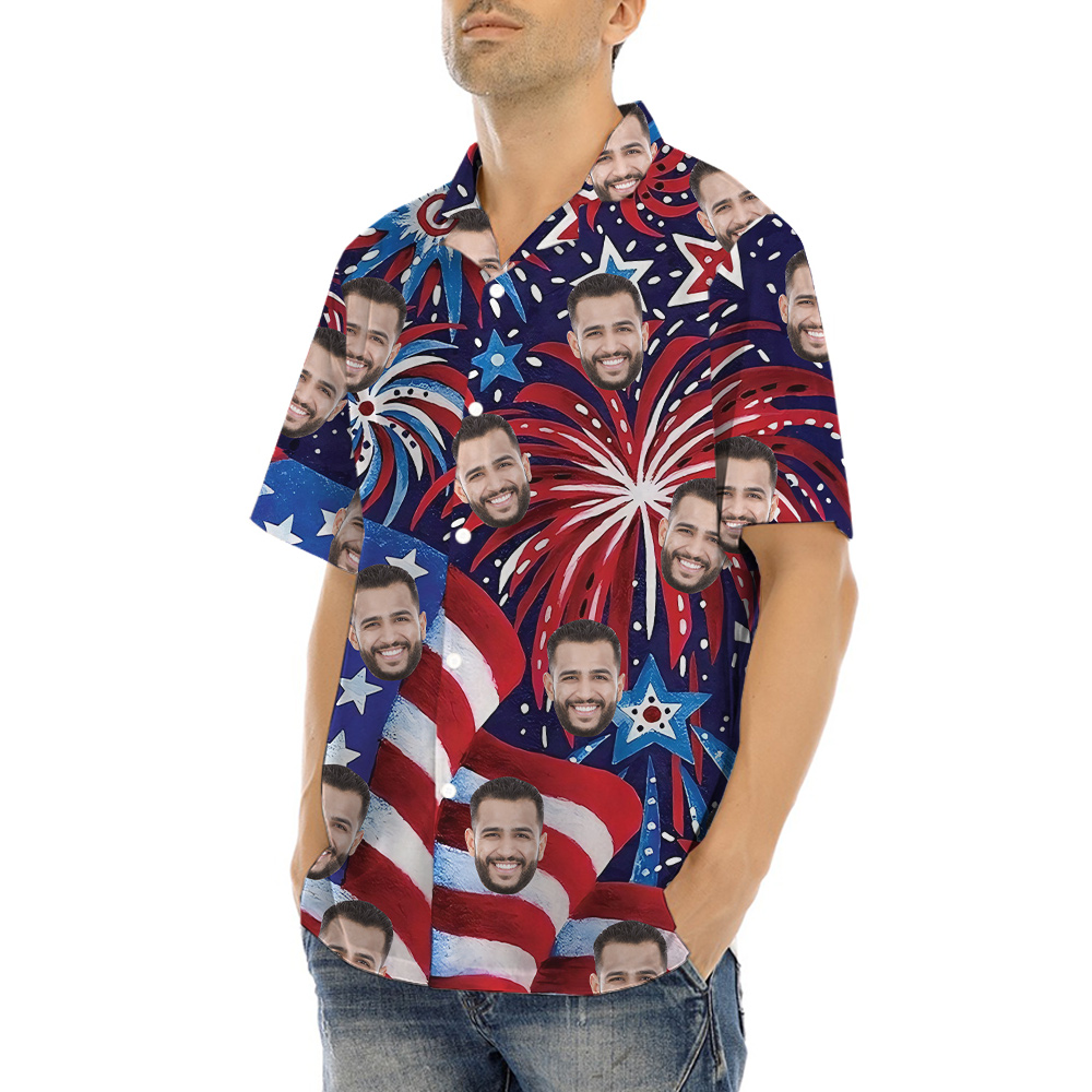 American Flag Firework Blue And Red Hawaiian Shirt With Custom 1-5 Faces