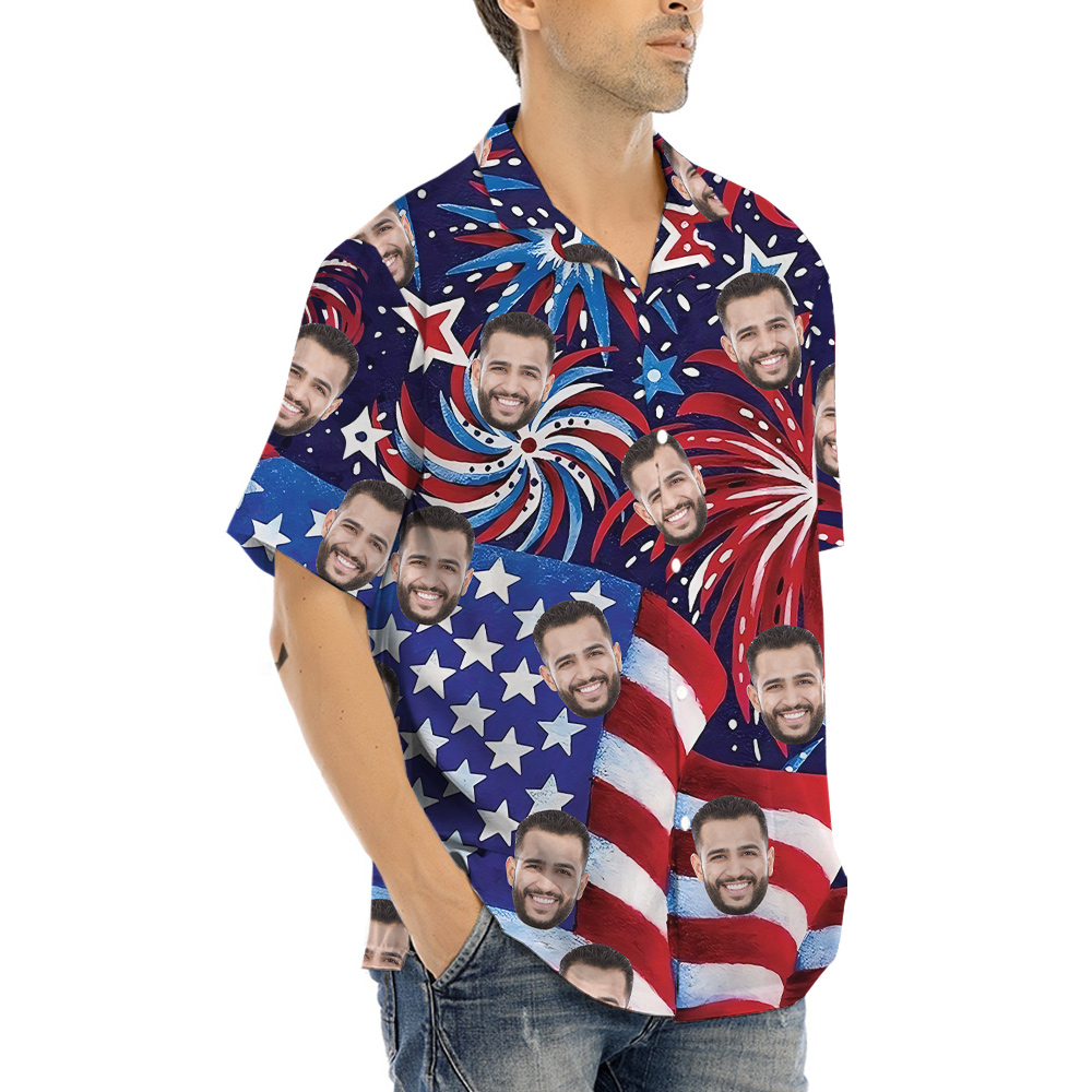 American Flag Firework Blue And Red Hawaiian Shirt With Custom 1-5 Faces