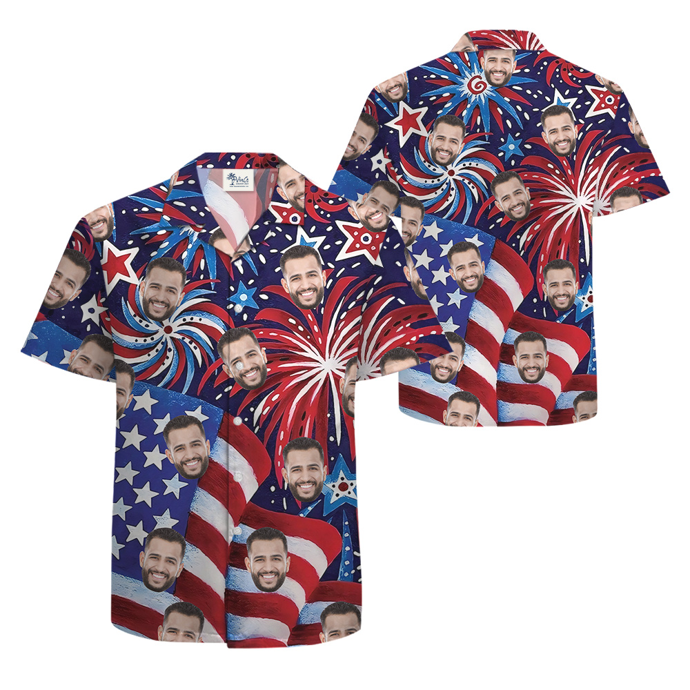 American Flag Firework Blue And Red Hawaiian Shirt With Custom 1-5 Faces