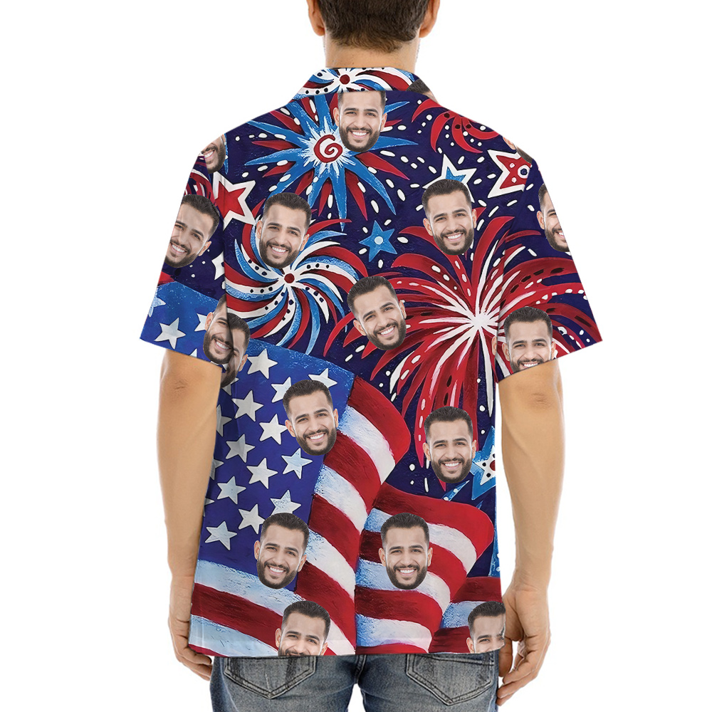 American Flag Firework Blue And Red Hawaiian Shirt With Custom 1-5 Faces