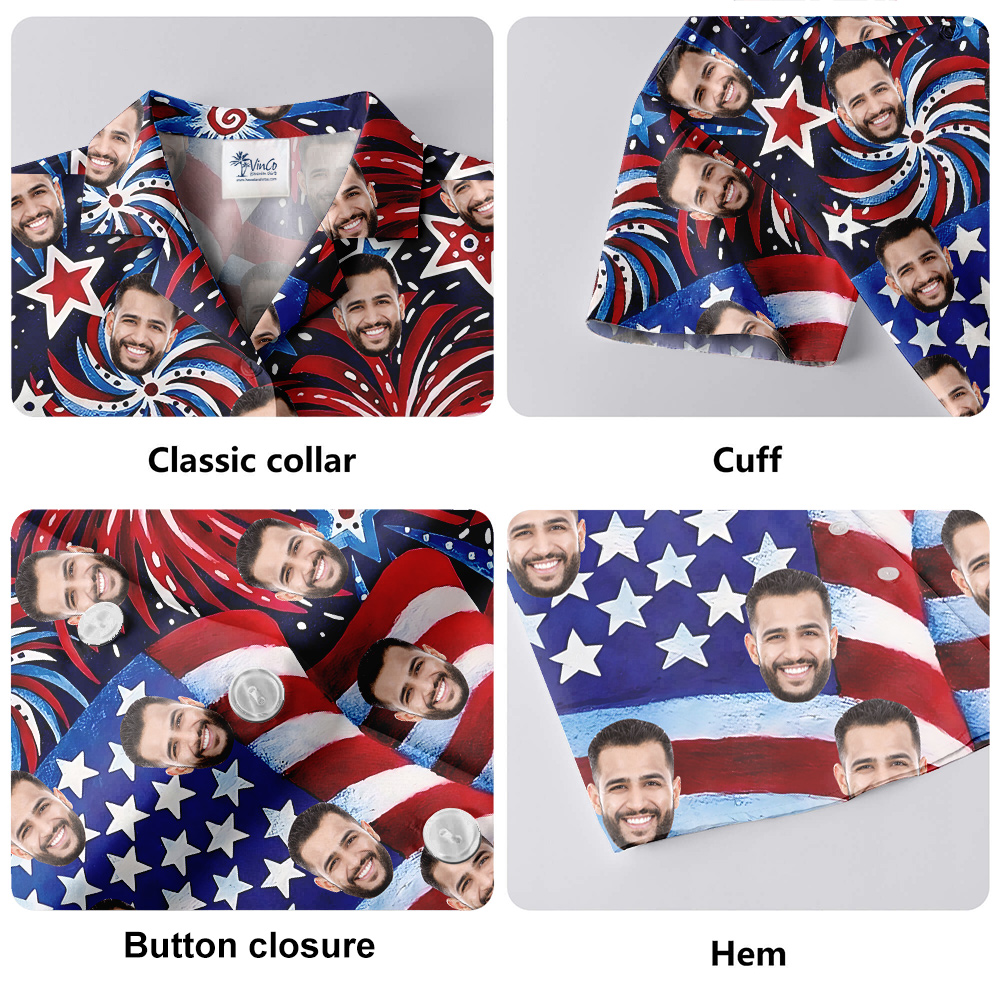 American Flag Firework Blue And Red Hawaiian Shirt With Custom 1-5 Faces