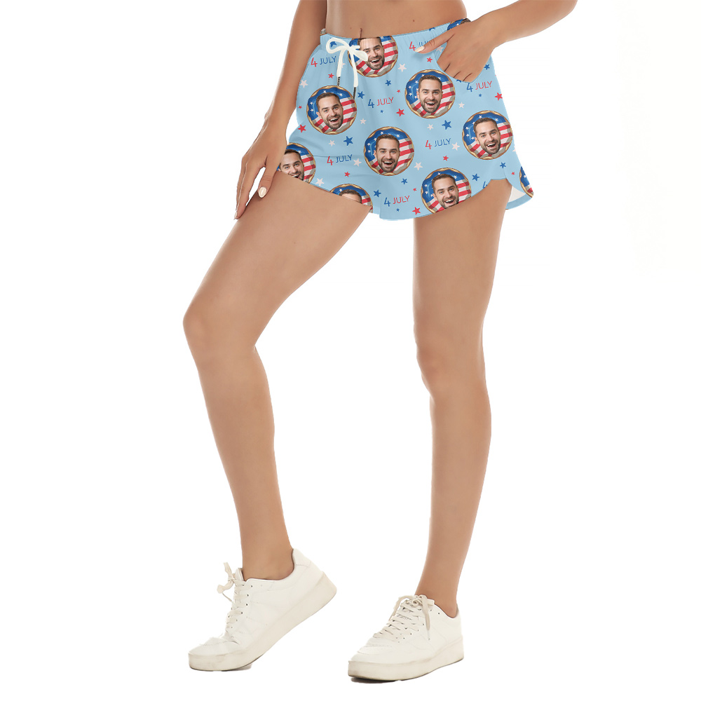 Custom Face Patriotic American Flag Donut Blue Women's Beach Shorts
