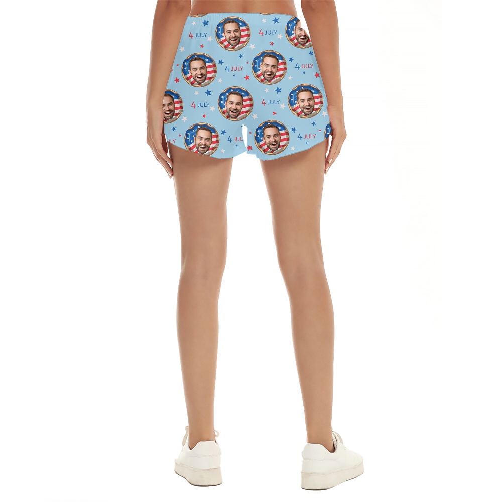 Custom Face Patriotic American Flag Donut Blue Women's Beach Shorts
