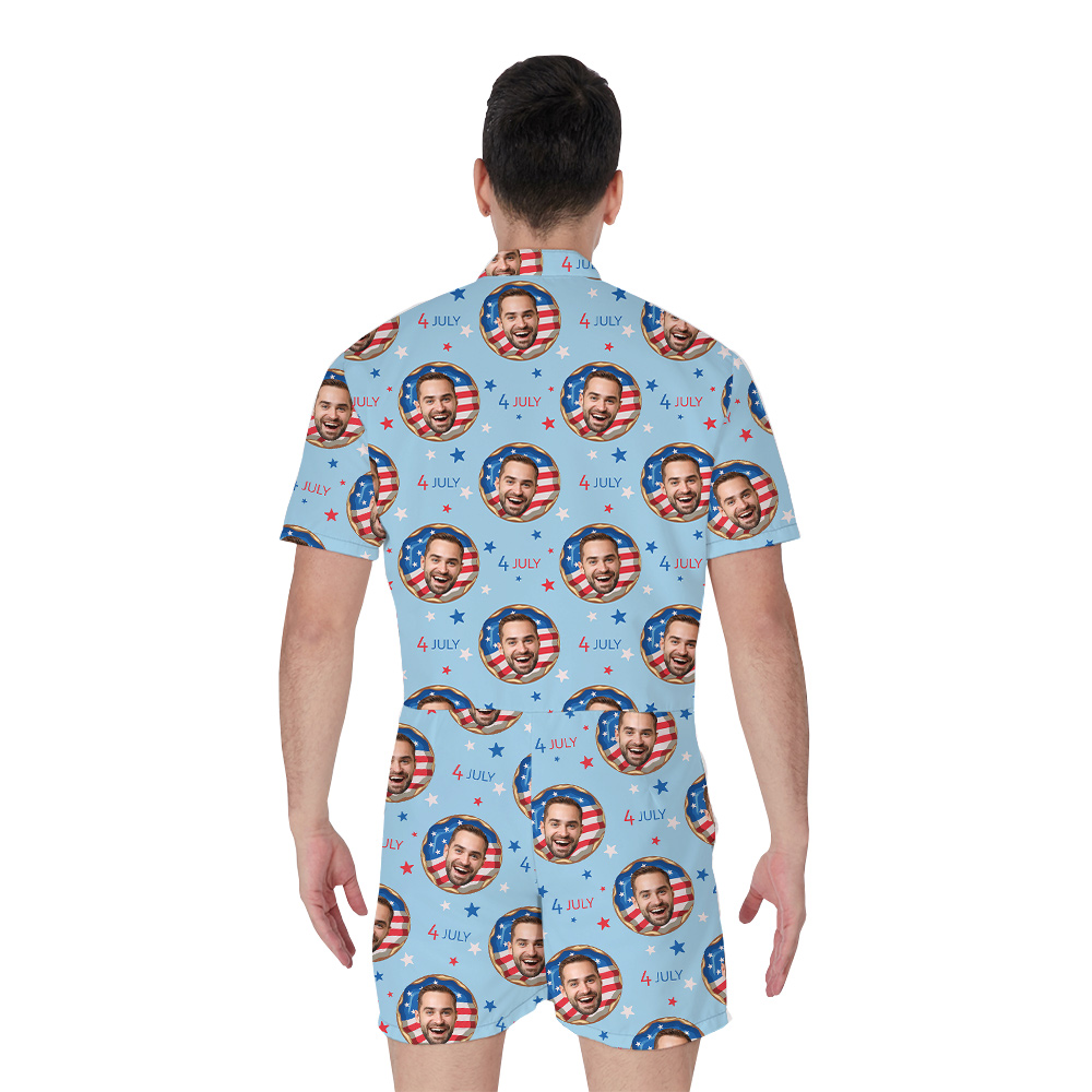 Custom Face American Donuts Blue Men's Hawaiian Romper