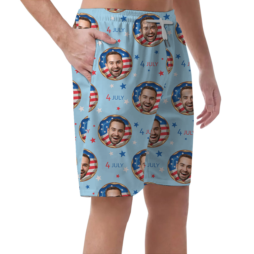 4th Of July Donut Men's Hawaiian Beach Shorts With Custom 1-4 Faces