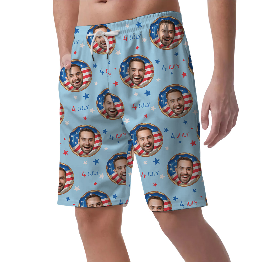 4th Of July Donut Men's Hawaiian Beach Shorts With Custom 1-4 Faces