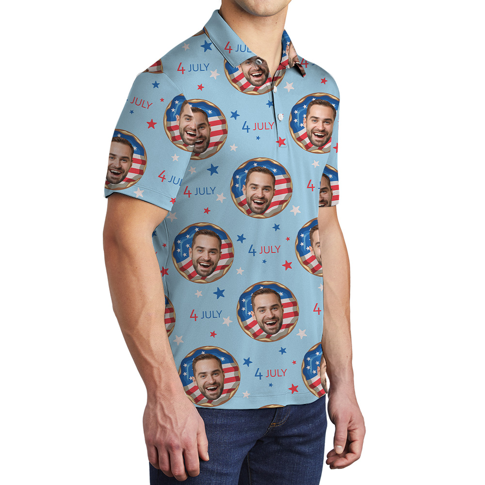 American Donut 4th Of July Hawaiian Polo Shirt With Custom Face