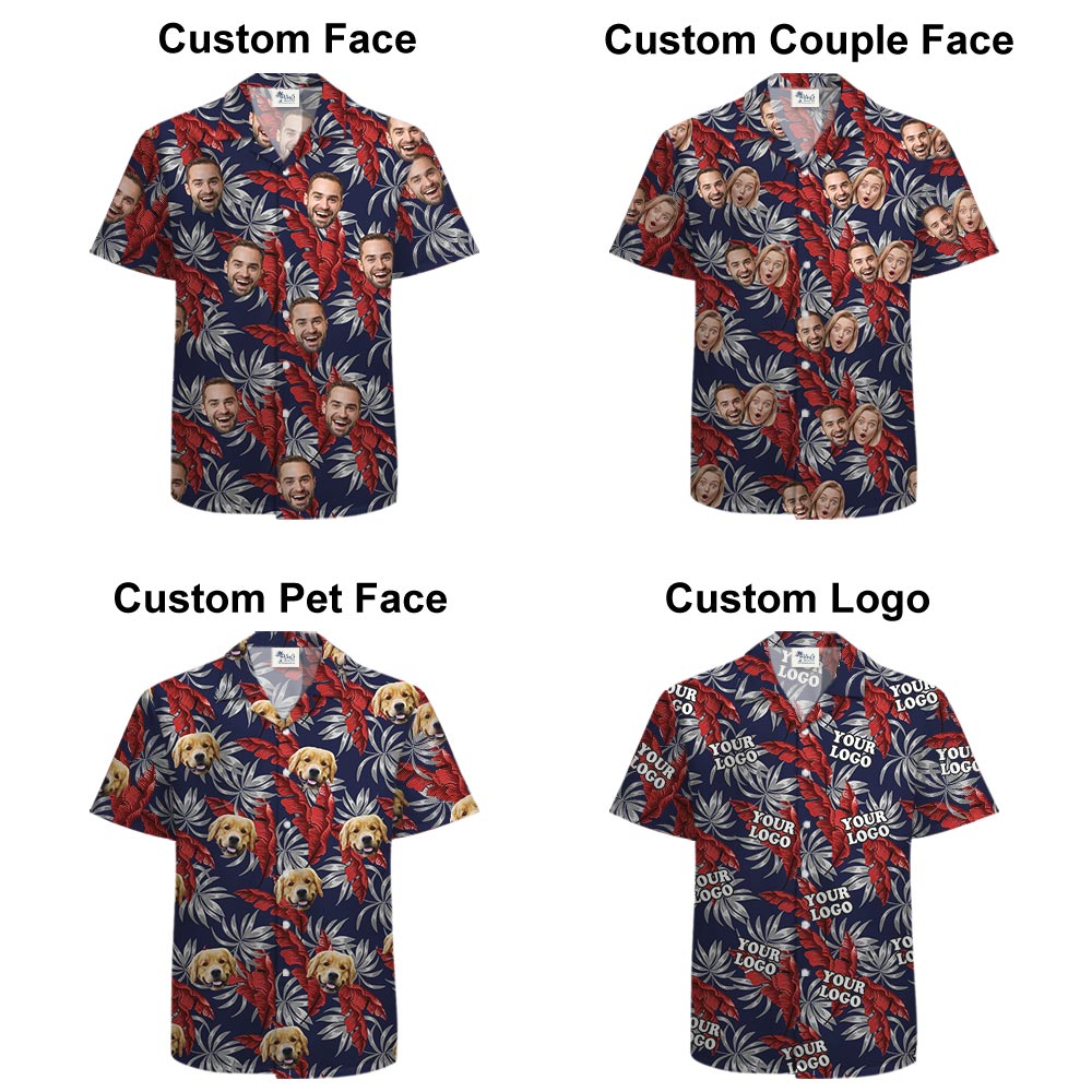 Navy Personalized Tropical Shirt With Photo Red Leaves
