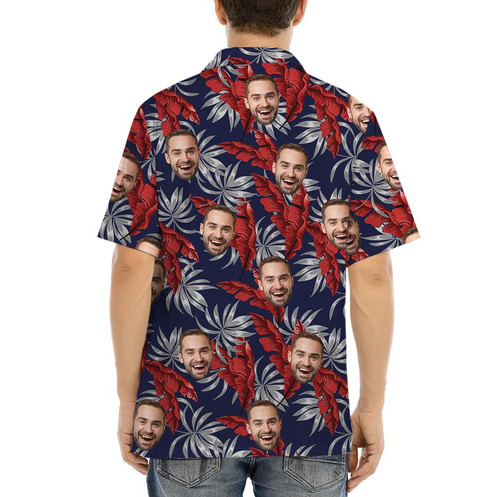 Navy Personalized Tropical Shirt With Photo Red Leaves