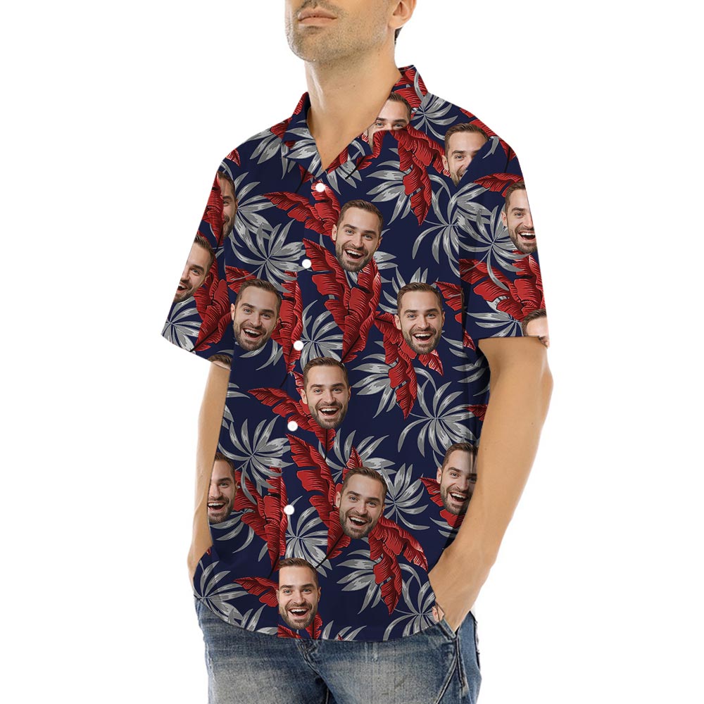 Navy Personalized Tropical Shirt With Photo Red Leaves