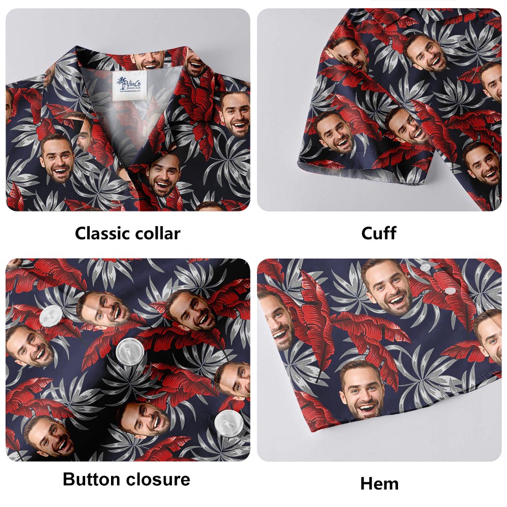 Navy Personalized Tropical Shirt With Photo Red Leaves