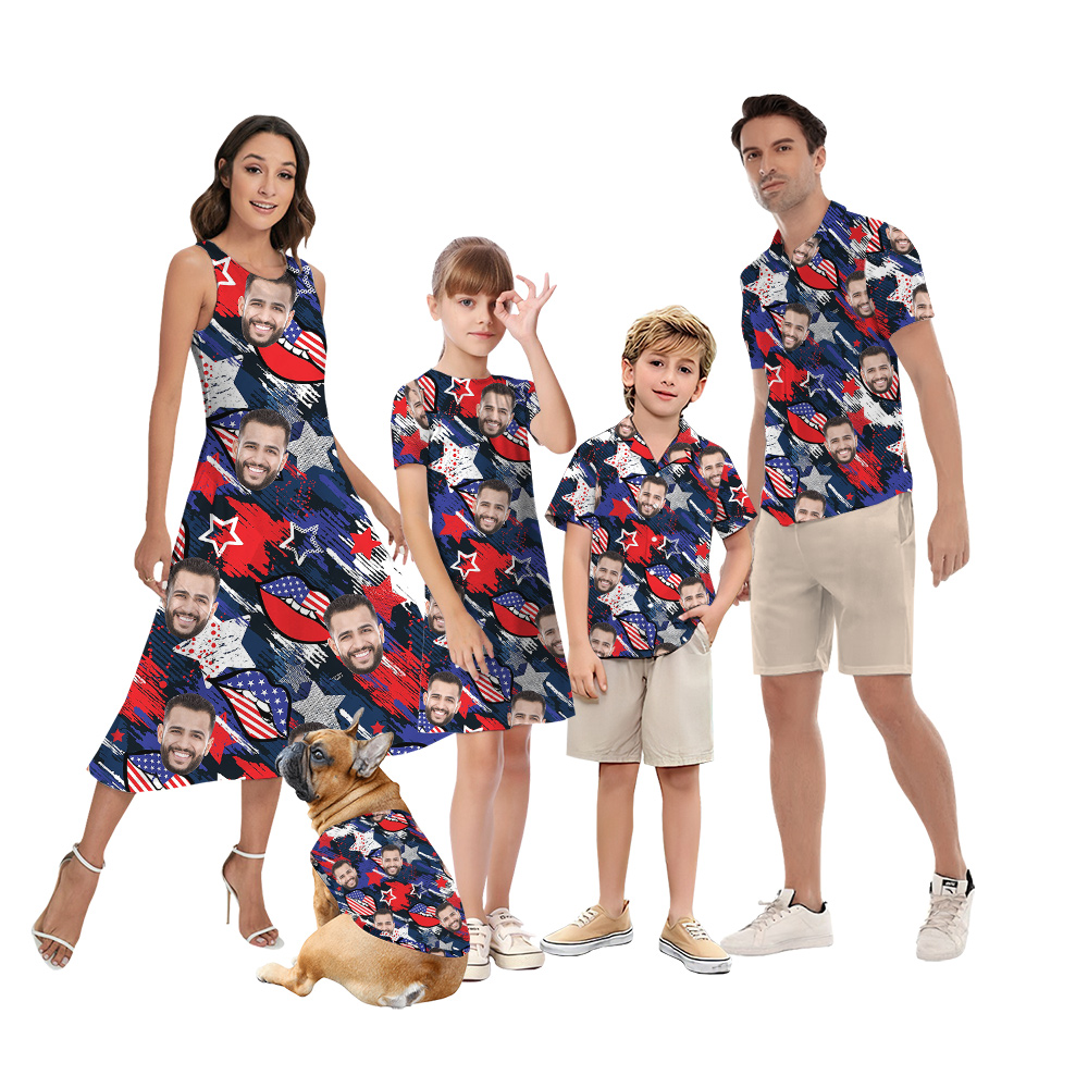 4th Of July Stars Blue Matching Hawaiian Outfits For Family With Custom Face - variant image 1