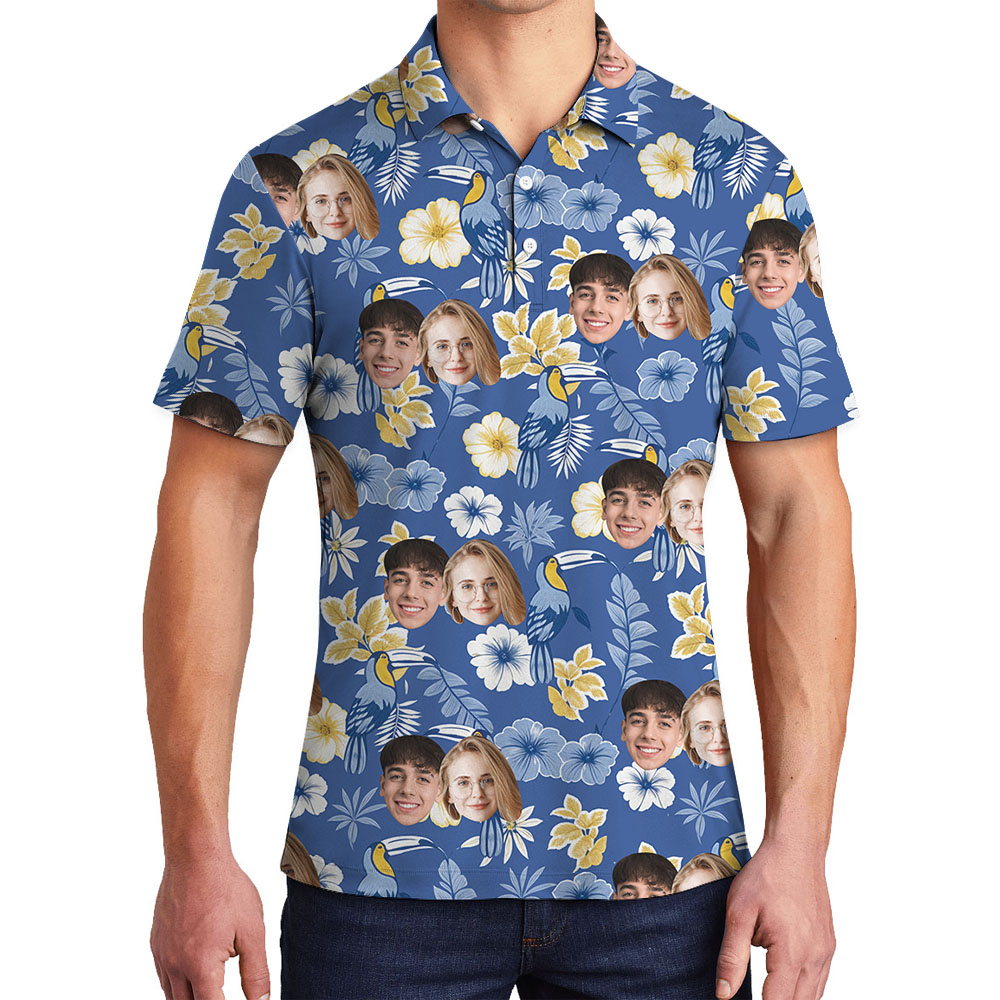Cool Blue Men's Collared Polo Shirt With Up To 5 Faces - variant image 1