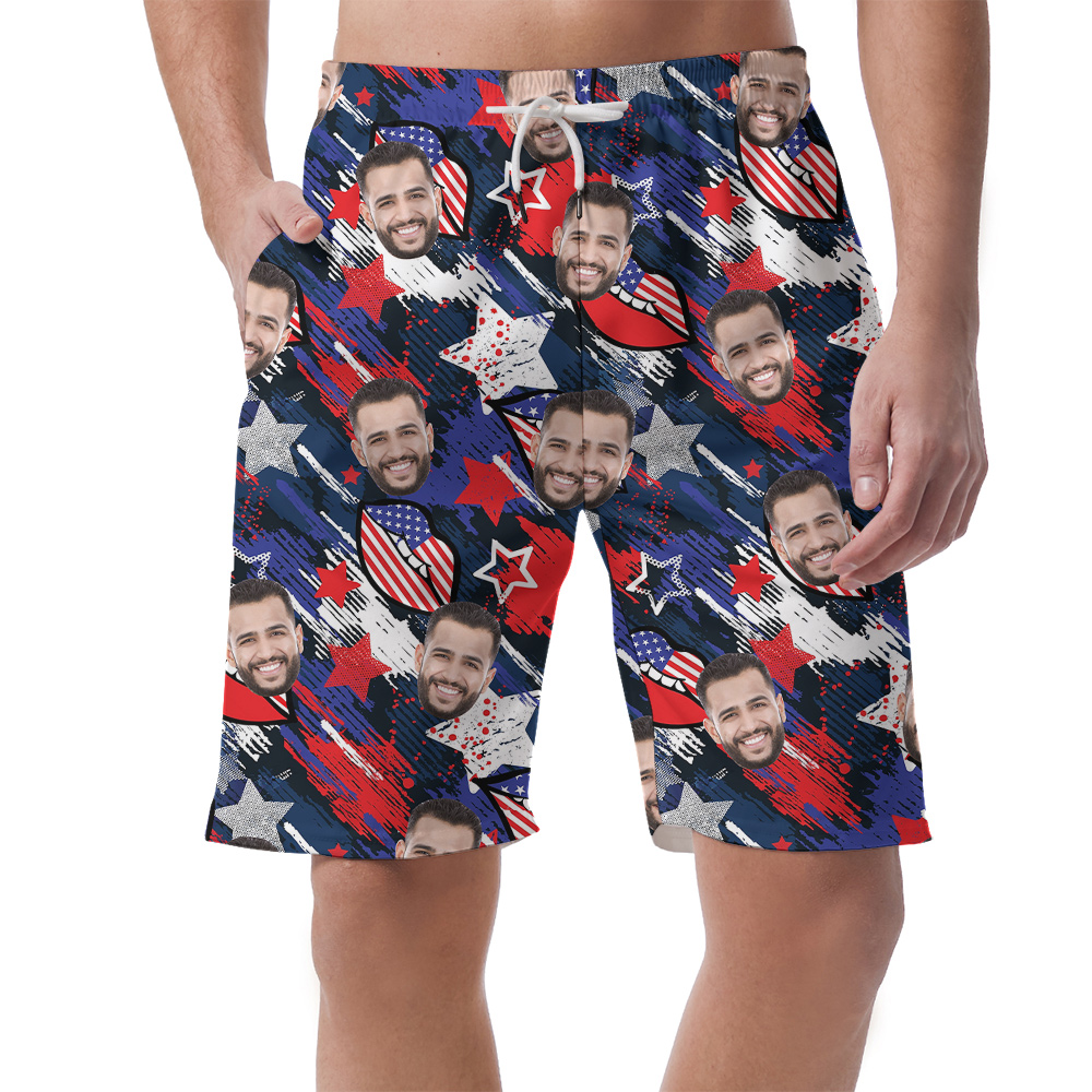 Funny Custom Face 4th Of July Blue Hawaiian Beach Shorts For Men - variant image 1
