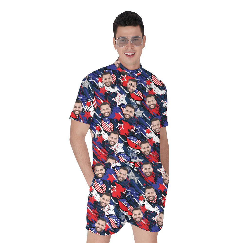 Custom Face Fouth Of July Blue And Red Men's Romper - variant image 1