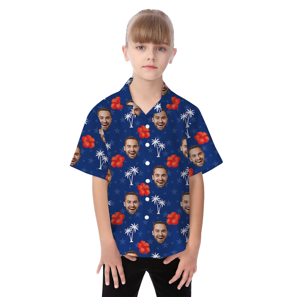 Custom Face Blue Floral Matching Family Hawaiian Outfits