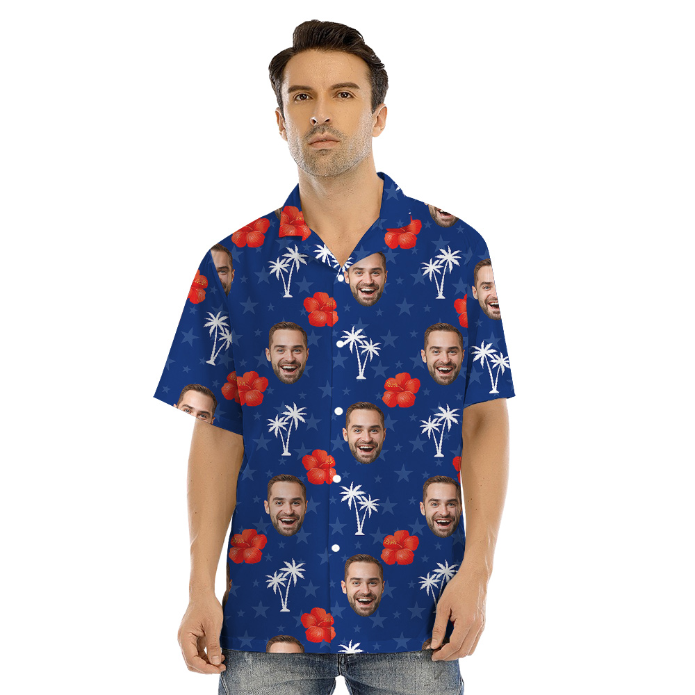 Custom Face Blue Floral Matching Family Hawaiian Outfits