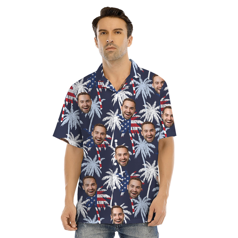 Tropical Palm Tree American Flag Matching Family Hawaiian Outfits With Custom Face