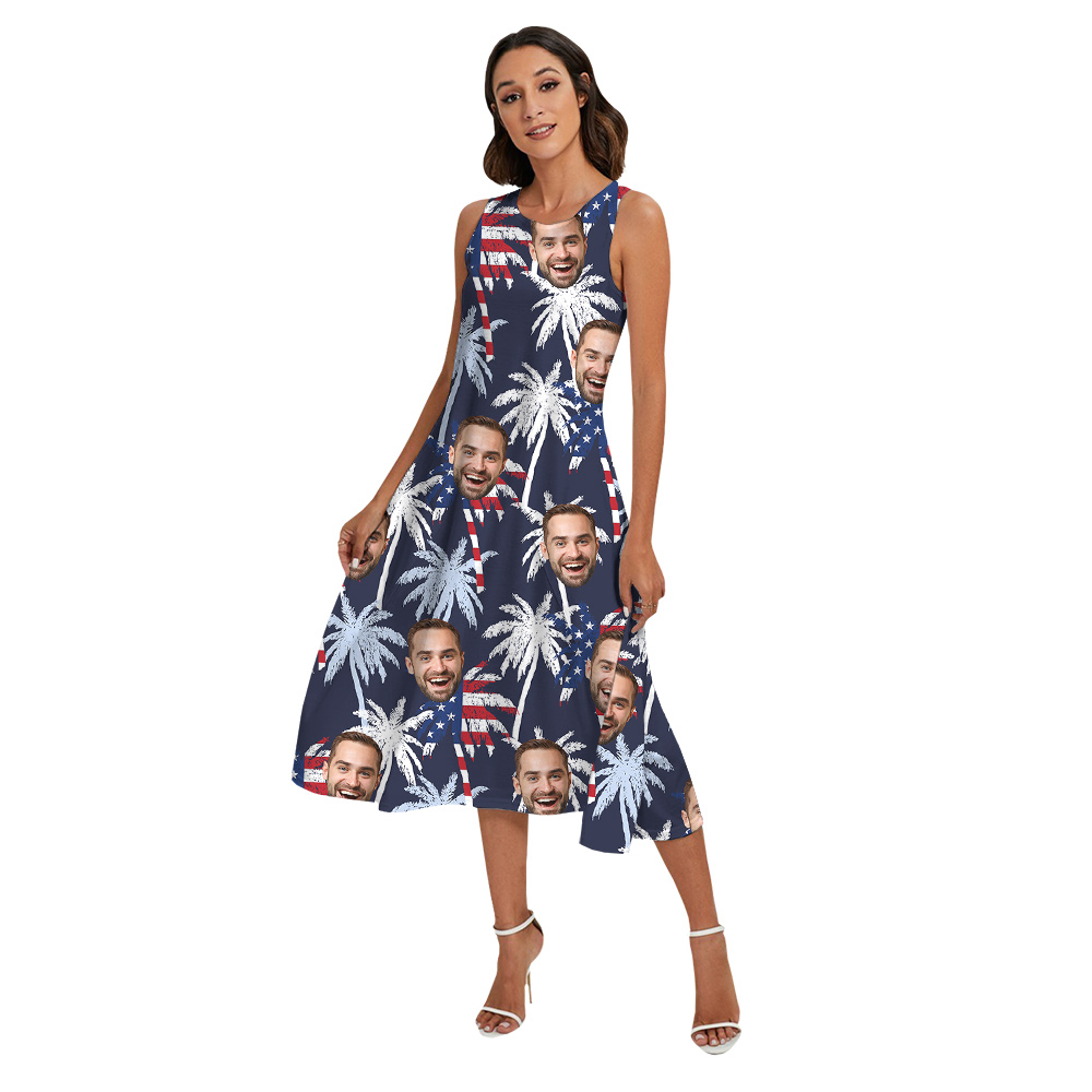 Tropical Palm Tree American Flag Matching Family Hawaiian Outfits With Custom Face