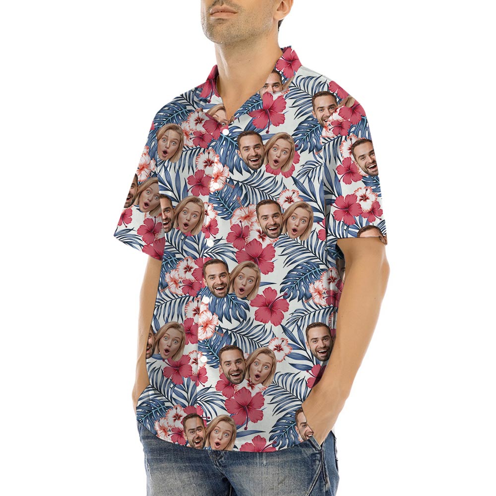 Pink Hibiscus Floral Custom Shirt For Men With Multiple Faces