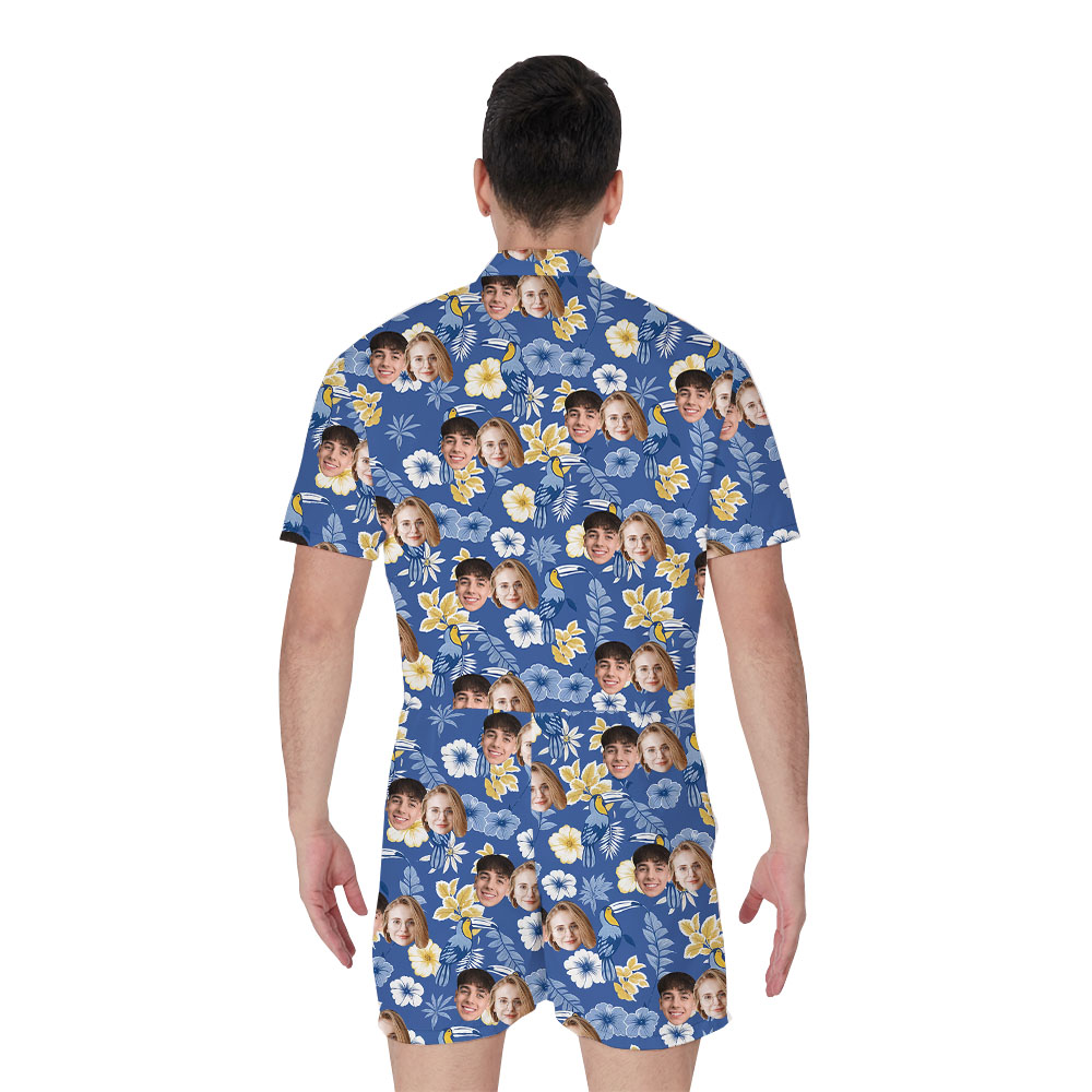 Male's Custom Face Romper With Blue Tropical Print