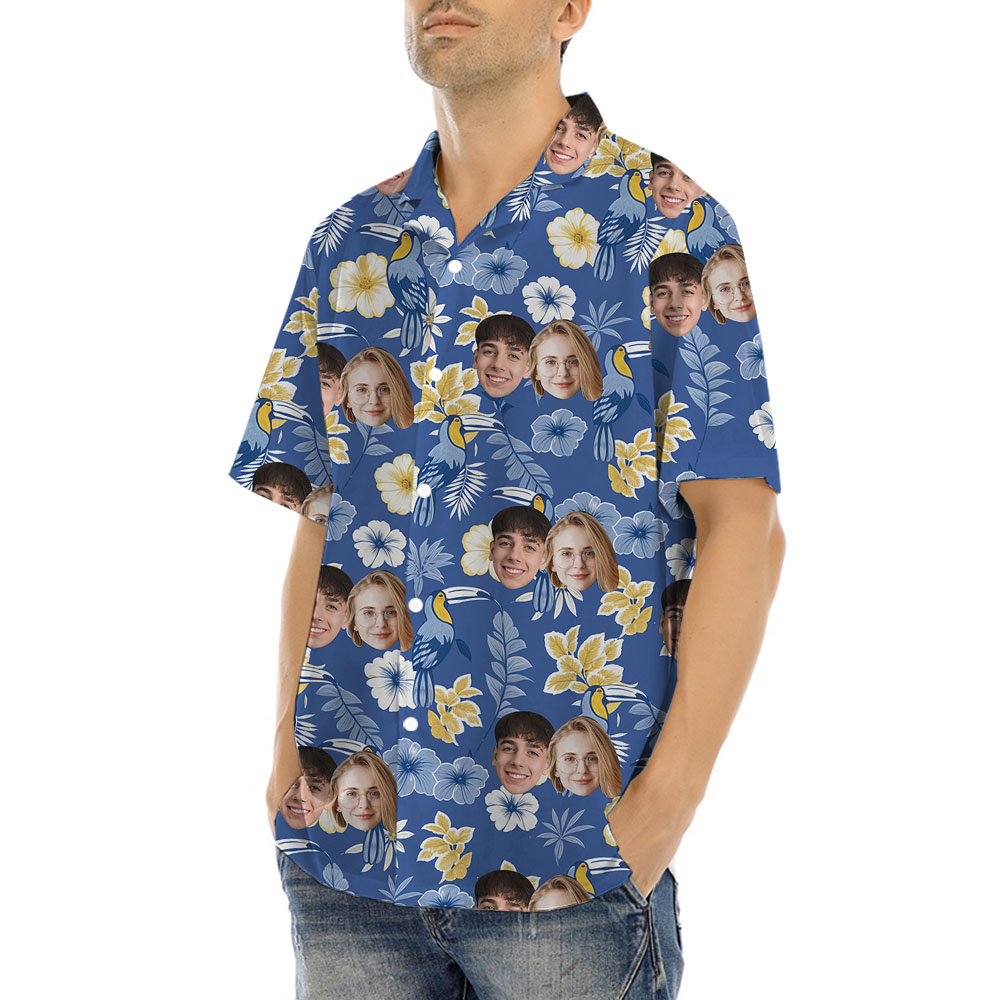 Parrot Floral Hawaiian Button Up Shirt With 1-5 Faces