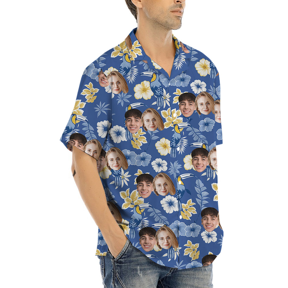 Parrot Floral Hawaiian Button Up Shirt With 1-5 Faces