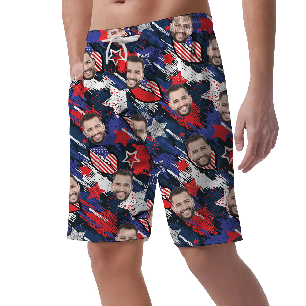 Funny Custom Face 4th Of July Blue Hawaiian Beach Shorts For Men