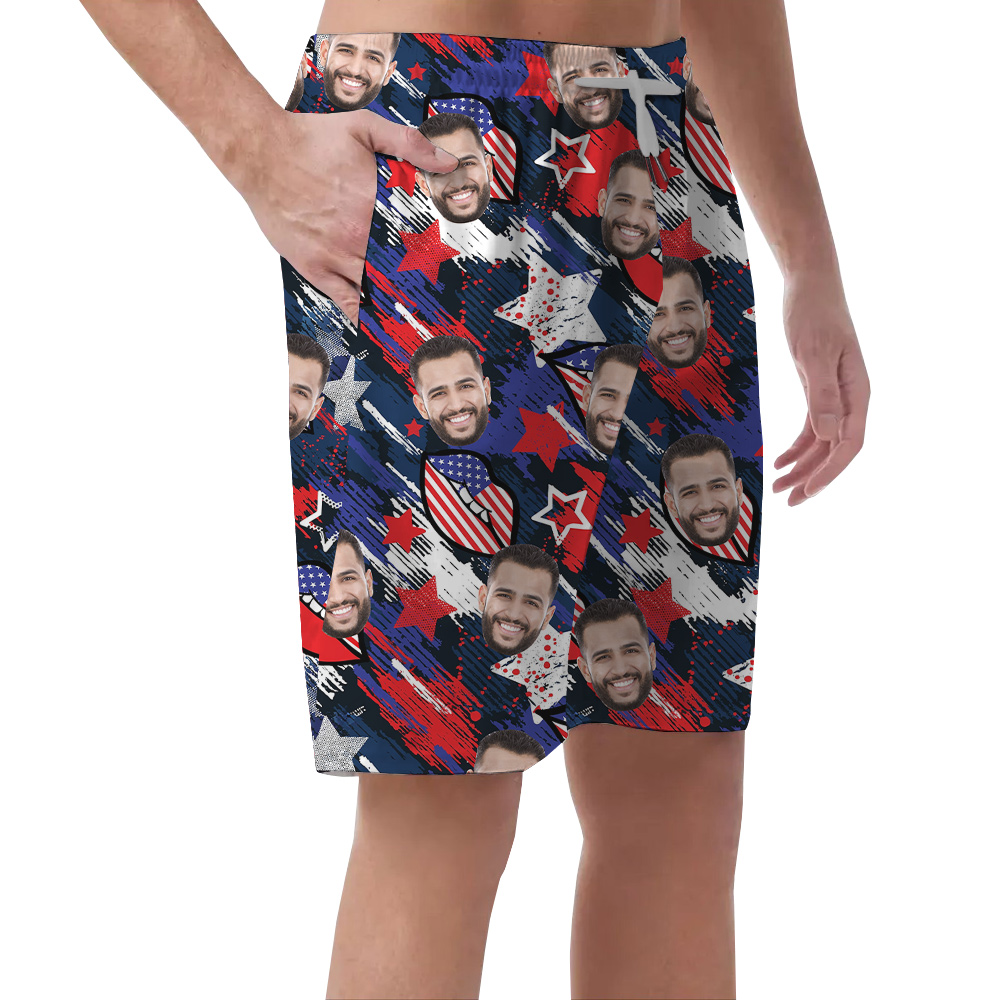 Funny Custom Face 4th Of July Blue Hawaiian Beach Shorts For Men