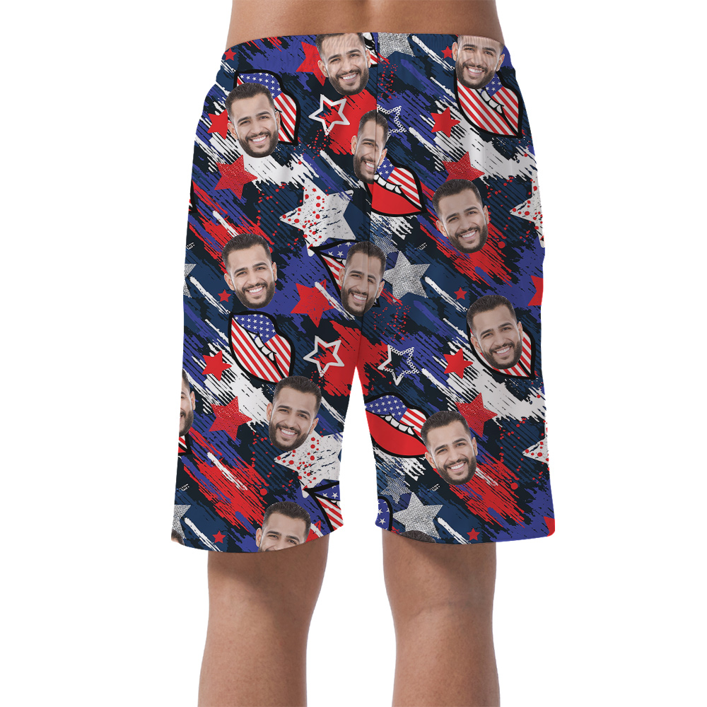 Funny Custom Face 4th Of July Blue Hawaiian Beach Shorts For Men