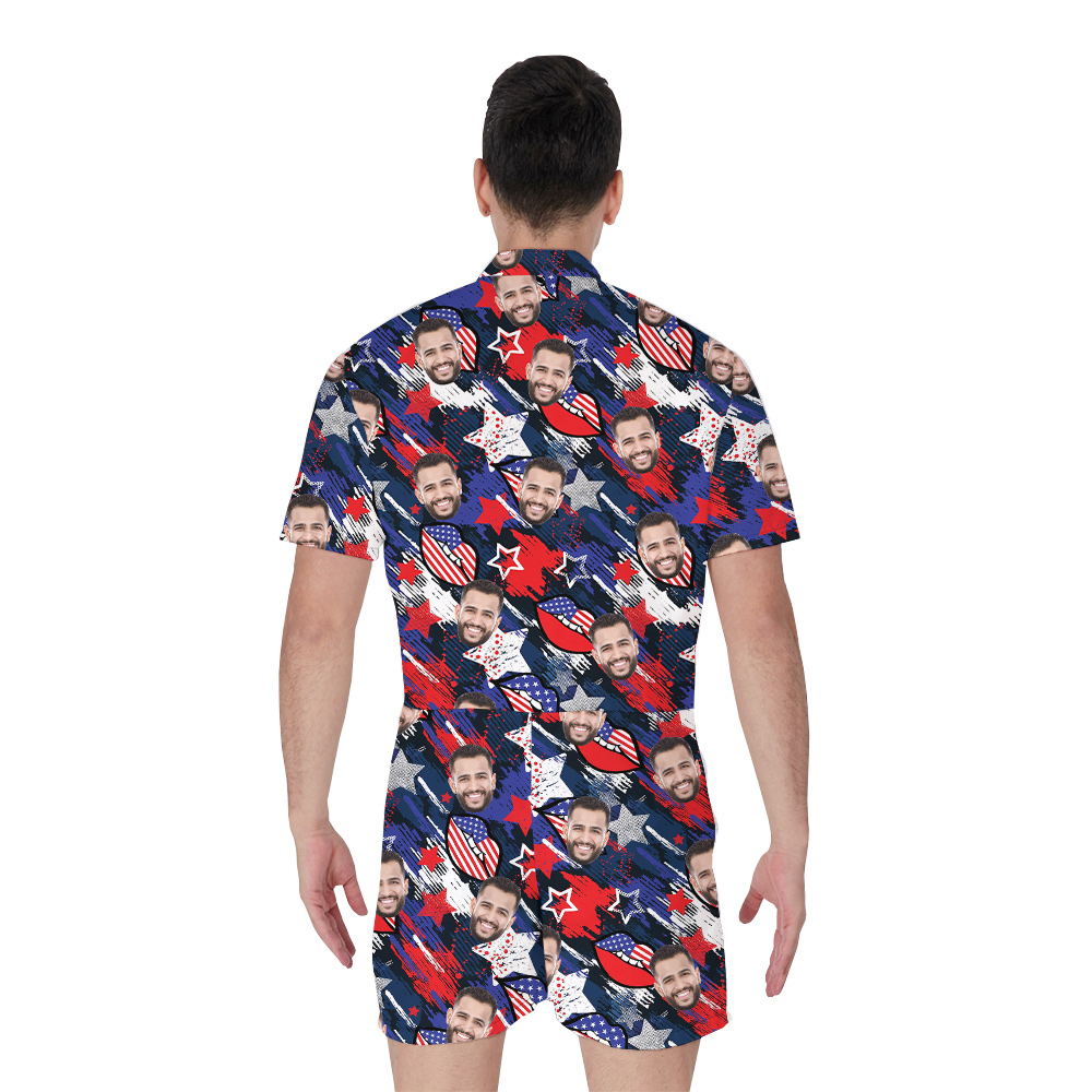 Custom Face Fouth Of July Blue And Red Men's Romper